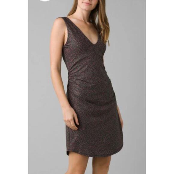 NEW prAna Pearl Isla Dress Sleeveless Ruched Double V in Deep Pine Spots Medium - Picture 1 of 15